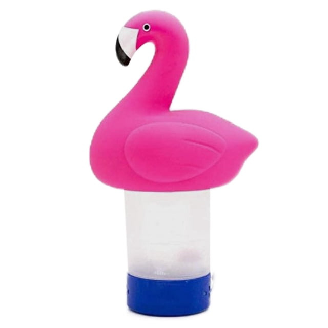 Distributeur Flottant de Chlore pour SPA de Piscine, Distributeur de Produits Chimiques avec un Diamètre de 9 Pouces, Présentant un Motif Flamant Rose sur le Dessus et une base Bleue. Idéal pour Comprimés de Chlore Ou de Brome, Convient aux Piscines Extérieures, spas et spas.