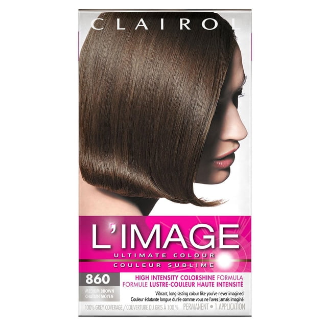 Clairol L'Image Boîte de Teinture Capillaire Permanente Affichant un Gros Plan de Cheveux Brun Moyen Lisses et Brillants en une Bobine Élégante, Mettant en Valeur la Formule de crème de Couleur Hydratante Qui Offre une Couleur Vibrante et Durable avec une Couverture des Cheveux Gris à 100 % et une Brillance intense en une application.