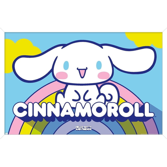 Hello Kitty and Friends : 22 Over The Rainbow - Cinnamoroll Affiche Murale, 22,375 Pouces x 34 Pouces, Représentant un Chiot Blanc de Dessin Animé Orienté vers l'Avant avec de Longues Oreilles, des Yeux Bleus et des Joues Roses Assis au-Dessus d'Un Arc-en-Ciel pastel avec un Fond de Ciel Bleu et de Nuages Jaunes, Imprimée sur Papier Lustré pour une Oeuvre Murale Vibrante, Idéale pour les Chambres, les Dortoirs Ou les Chambres d'Enfant.