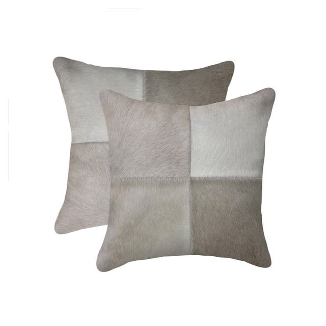 TORINO QUATTRO COWHIDE PILLOW 18"X18" 2-PACK with two grey cowhide throw pillows featuring four hand-stitched panels, ultra-soft microsuede backing, hidden zipper closure, and polyfill inserts, ideal for layering in home décor and adding warmth and texture.