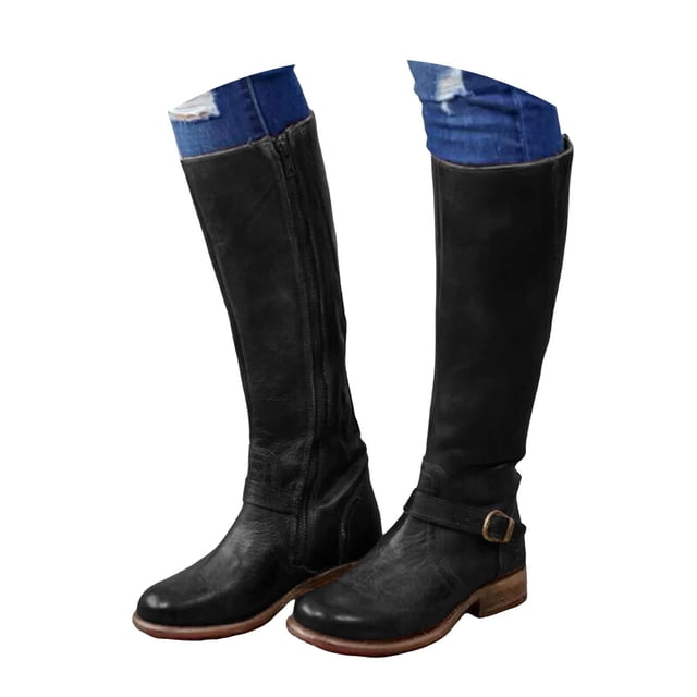 Dakaela Women's Knee High Boots Low Chunky Motorcycle Riding Boot Leather Buckle Winter Work Boots in black. These knee-high boots feature a low chunky heel, a side zipper for easy wear, and a decorative buckle strap. Made from durable leather, they are designed for winter use and pair well with casual or riding outfits.