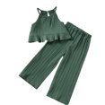 thumbnail image 1 of Plebaso Girls 2 Piece Outfits Summer Ruffle Cami Tops Loose Wide Leg Pants Kids Vacation Beach Clothes Set, 1 of 6