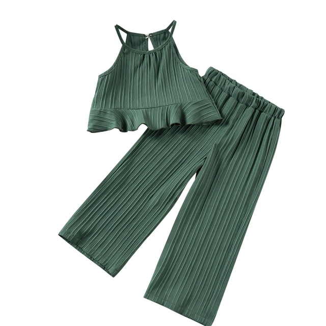 Plebaso Girls 2 Piece Outfits Summer Ruffle Cami Tops Loose Wide Leg Pants Kids Vacation Beach Clothes Set
