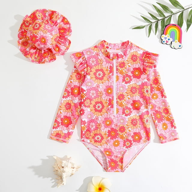 Toddler Girl Rash Guard Swimsuits Flower Graphic Printed Long Sleeve Sun Protection Girls Bathing Suits 12-18 Months