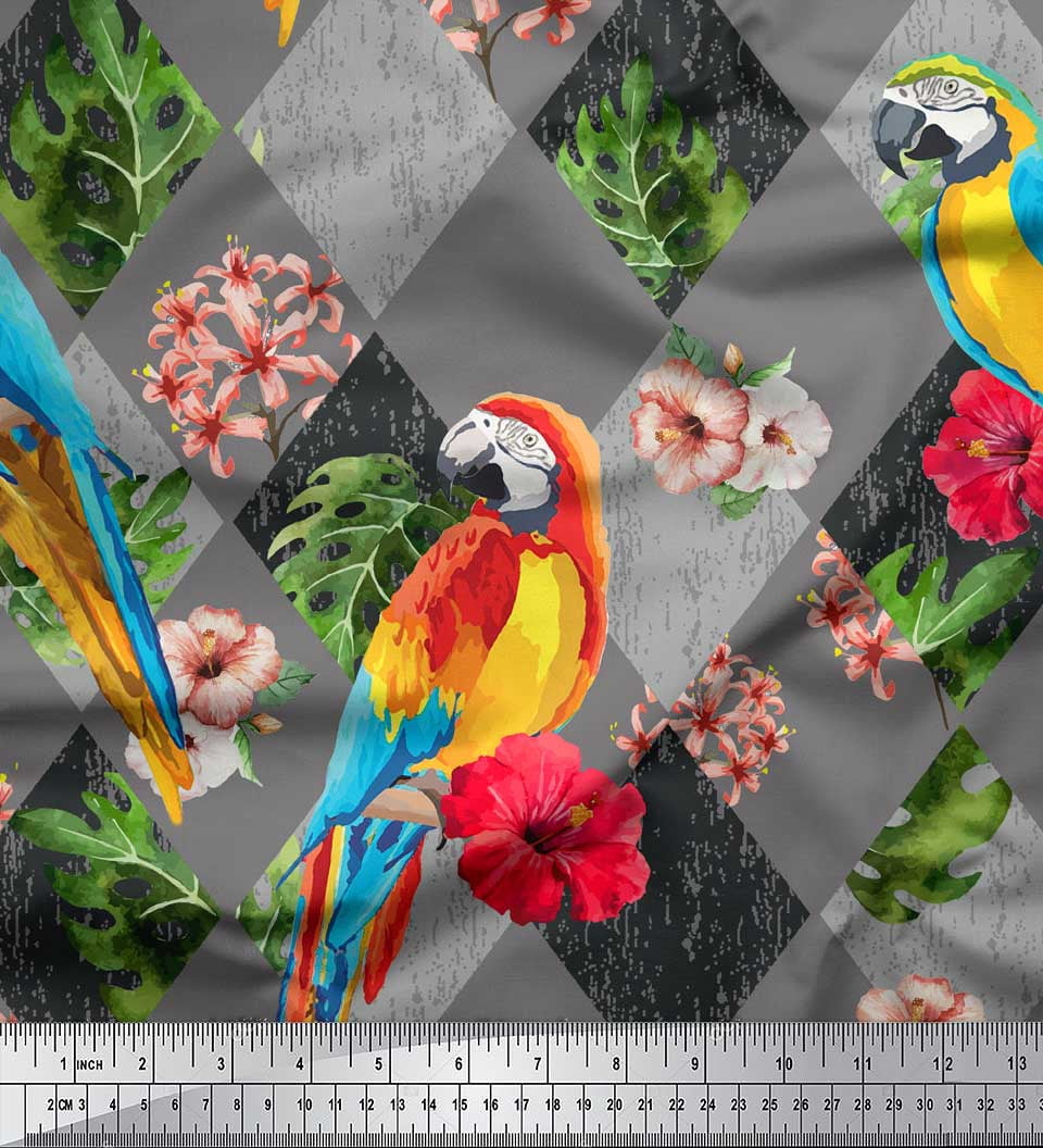 Soimoi Gray Silk Fabric Floral Tropical Bird Decor Fabric Printed BTY 44 Inch Wide