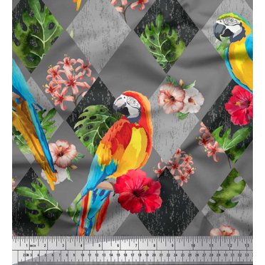 Soimoi Gray Poly Georgette Fabric Floral Tropical Bird Fabric Prints by Yard 42 Inch Wide