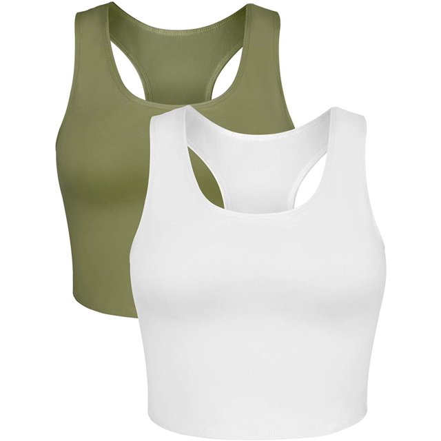 Charmo Crop Tank Tops for Women Built-in Shelf Bra Racerback Cotton Sports Crop Top 2 Pack