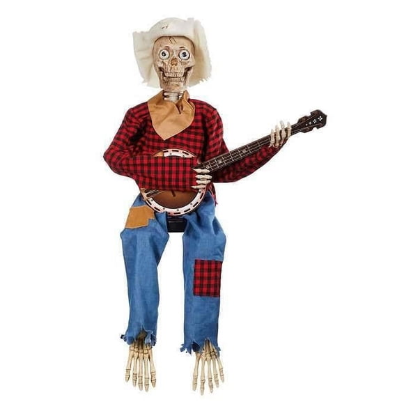 BINGLI Halloween Skeleton Banjo Player Decoration, Animated Skull, Playing Musical Halloween Party Props Decor for Indoor Outdoor