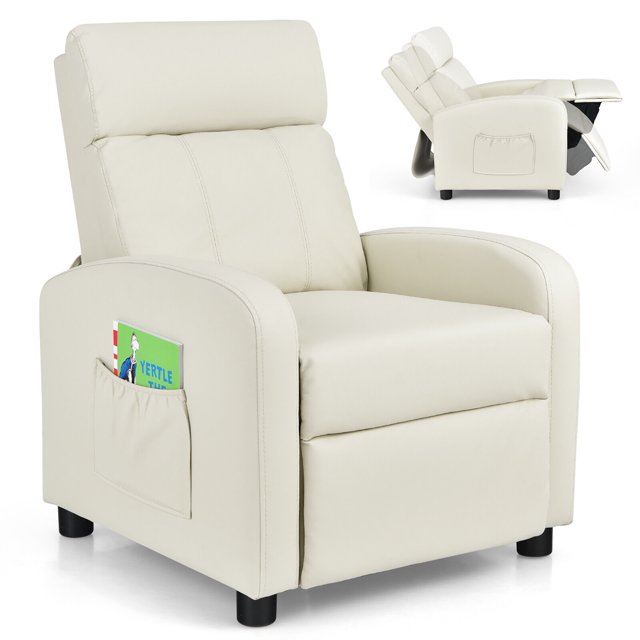 Gymax Fauteuil Inclinable pour Enfants Réglable en Cuir avec Repose-Pieds et Poche Latérale Beige