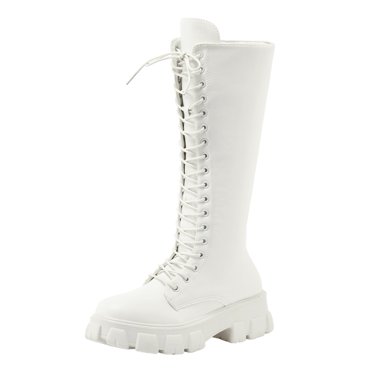 Kcodviy Ladies British Style Solid Boot Socks Women Calf High Leather Lace Up Side Sweater Boots for Women Knee High Zip Platform Long Boots