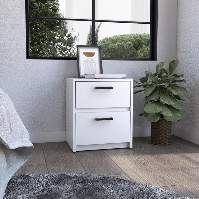 DEPOT E-SHOP Table de Chevet à 2 Tiroirs avec Poignées Blanche
