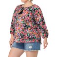 thumbnail image 1 of GRACE & GRANDEUR Blouse Colorée à Fleurs pour Femme Grande Taille, Col à Nouer, Manches 3/4, Noir 4X, 1 of 5