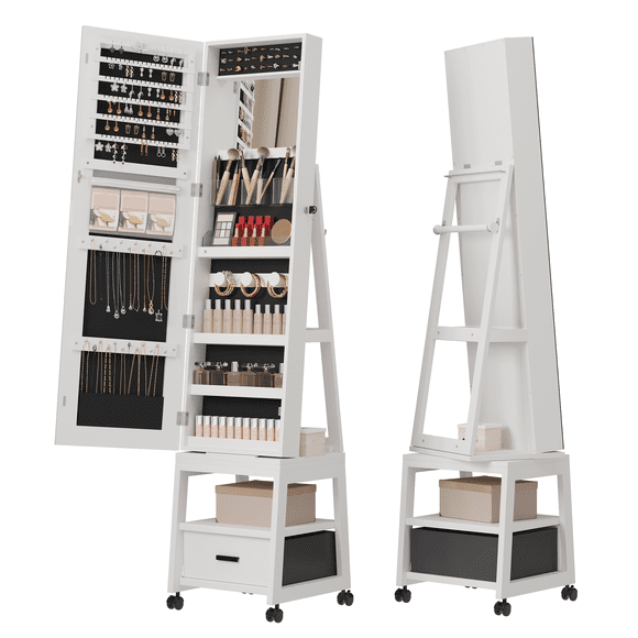 GarveeHome Full Length Mirror Jewelry Organizer, 66.1" Tall Lockable Jewelry Armoire, LED Mirror Jewelry Storage Cabinet with Back Sheleves, 360° Swivel Freestanding Makeup Cabinet, White