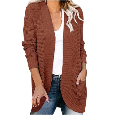 Pompotops Cardigan Long en Tricot pour Femmes, Décontracté, Uni, à Manches Longues, avec Poches, en Peluche