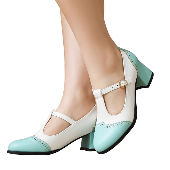 Vintage Mary Janes Lolita Dress Shoes for Women Fall Leather Color Block Chunky Block Mid Heels Ballet Flats