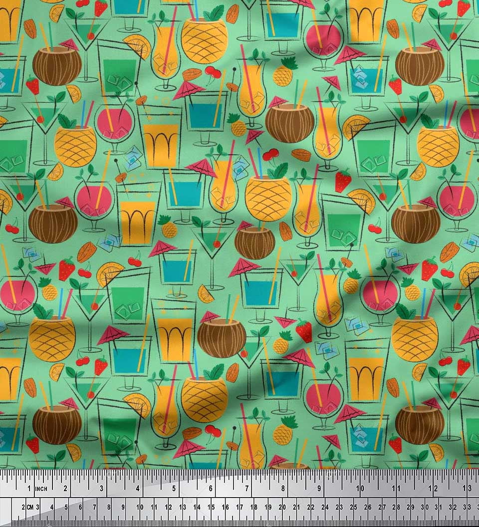 Soimoi Rayon Fabric Straw,Glass & Coconut Drink Summer Designs Printed Fabric 1 Yard 56 Inch Wide