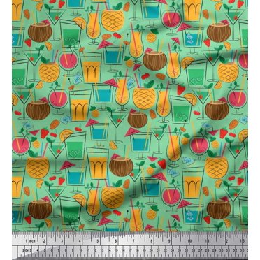 Soimoi Satin Silk Fabric Straw,Glass & Coconut Drink Summer Designs Print Fabric by the Yard 42 Inch Wide