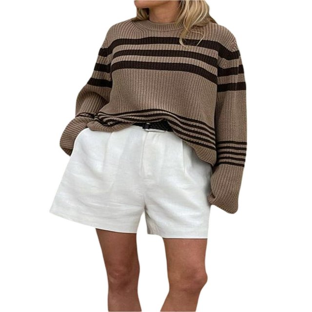 Women‘s Fall Loose Knit Tops Stripe Print Long Sleeve Sweaters