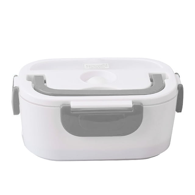 Plug in Lunch Box To Heat Lunch 3 in 1 Electric Lunch Box Mobile Stainless Steel Lunch Box Car Kitchen Dual-Use Bento Stainless Steel Lunch Box. A portable, white and gray lunch box with secure side clasps and a removable stainless steel interior. Designed for home and car use with dual power sockets for 12V/24V and 220V compatibility. Features two compartments for separating food and energy-efficient heating technology for warming meals in 30-40 minutes. Ideal for adults seeking a convenient and eco-friendly lunch solution.