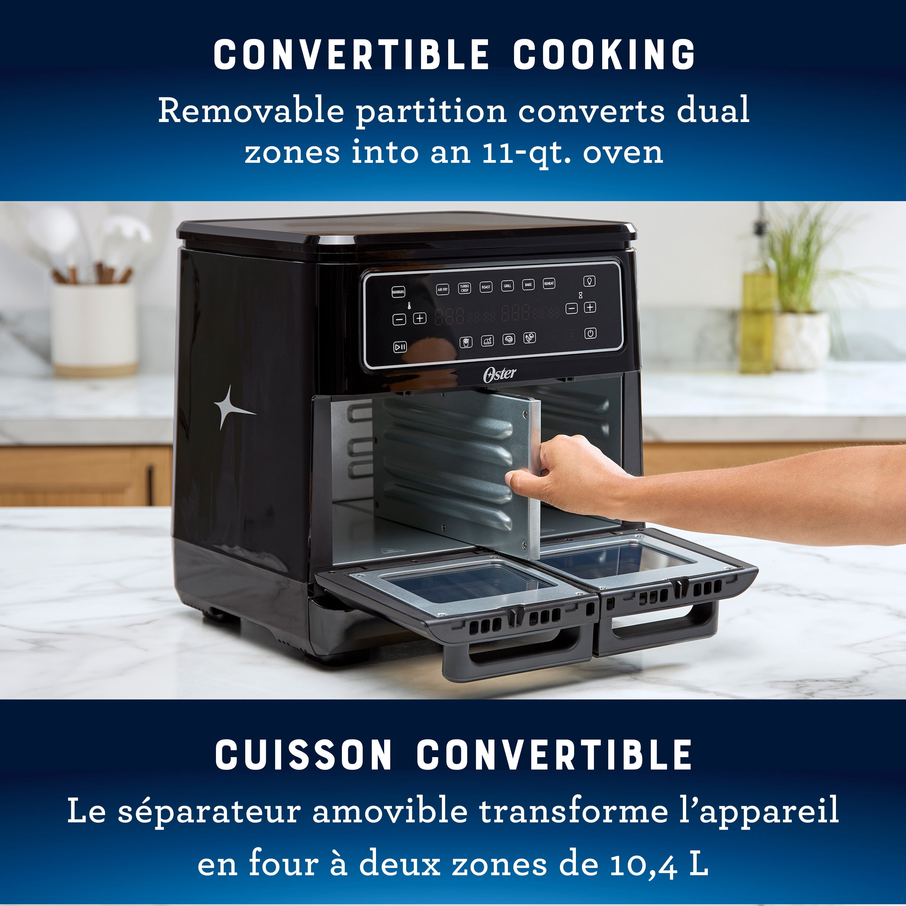 Four friteuse à air Flex de 10,4 L, friteuse à air double avec deux zones de cuisson, friteuse à air double avec six fonctions de cuisson, grande friteuse à air avec deux paniers à friture Oster