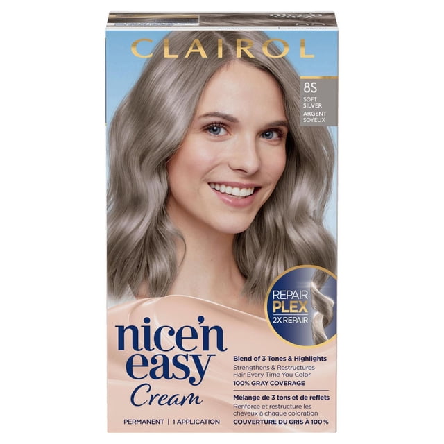 Clairol Nice'n Easy Teinture Capillaire Permanente en 8S Argent Doux, Montrant une Boîte avec des Cheveux Argentés Ondulés Longueur Épaule, Présentant un Mélange de 3 Tons et Mèches, Technologie de Réparation Plex 2X, et une Couverture de 100 % des Cheveux Gris avec une application de Crème.