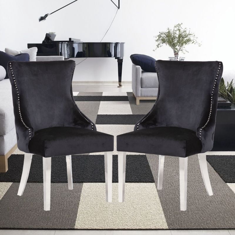 Chaise Odie en noir, chaise de salle à manger avec garniture cloutée, chaise de salle à manger en velours, chaise de salle à manger avec pieds en acier inoxydable pour cuisine et salon - Ensemble 2