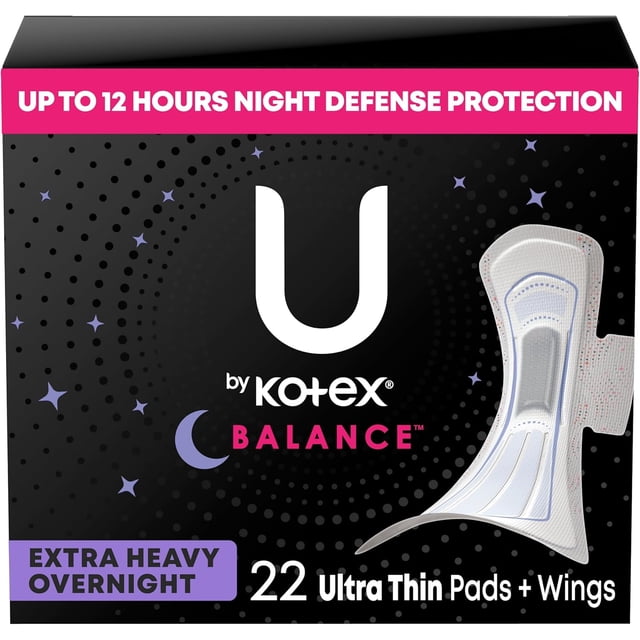 U by Kotex Balance Ultra Thin Overnight Pads with Wings, Extra Heavy Absorbency, 22 Count