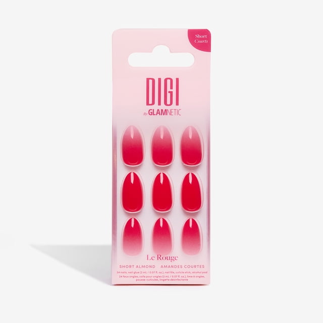 Digi by Glamnetic Le Rouge Press-On Nails displaying 9 glossy, short almond-shaped red false nails on a pink gradient card with brand and product information, designed for a classic red manicure with durable, easy-to-apply nails suitable for everyday use.