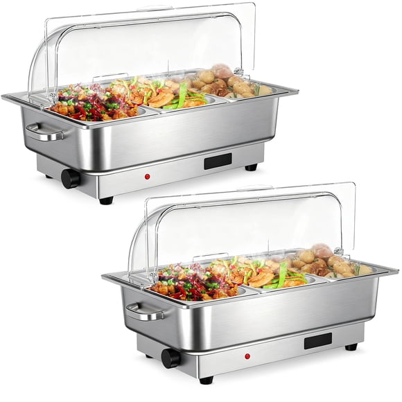 Réchaud Électrique pour Buffet, Réchaud à Aliments en Acier Inoxydable 9 Qt, Contrôle Numérique de la Température, Couvercles à Rouleau, 3x1/3 Poêles, Argent