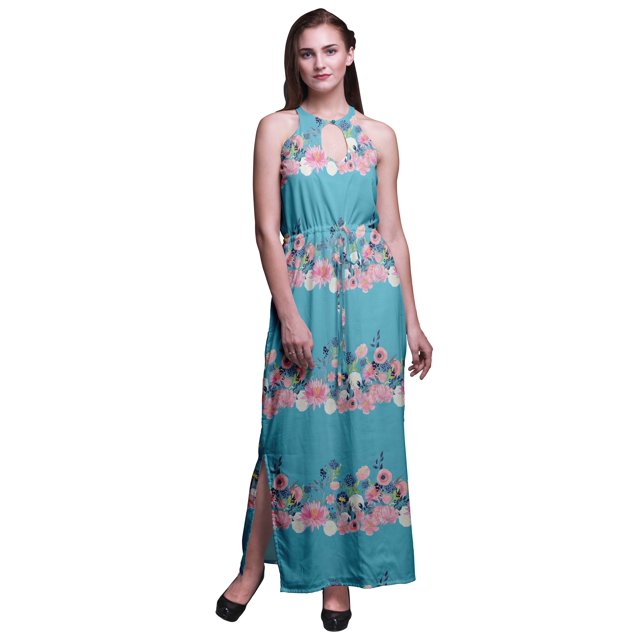Bimba Floral Ladies Crew Neck Waist String Print Maxi Dress with Side Slits Summer Wear-XX-Large
