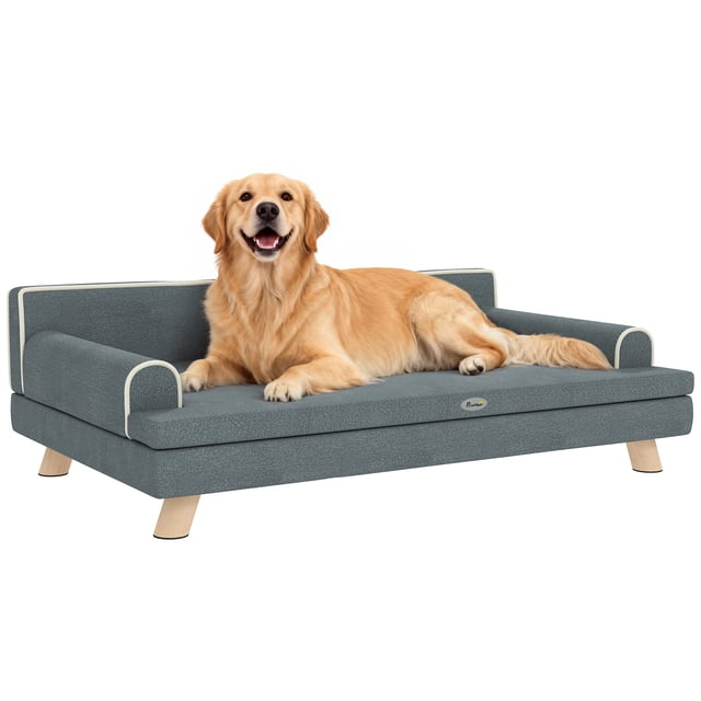 PawHut Canapé pour Chat, Sofa-Lit Surélevé pour Chien avec Coussin en Gris Foncé, Doté d'Un Tissu chenille, de Pattes en Bois de Pin Massif et d'Un Amorti Doux. Meuble pour Animaux Idéal pour Chiens Moyens à Grands jusqu'à 55 Lb (25 kg). Comprend un Dossier et des Accoudoirs pour Repose-Tête et une Housse Amovible et Lavable. Dimensions : 39,4 Pouces de large, 24,4 Pouces de Profondeur et 12,6 Pouces de Hauteur.