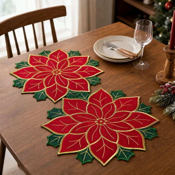2 Pcs Christmas Placemats Set, Poinsettia Embroidered Table Mats Holiday Christmas Table Decoration for Dining Table Party Home, 13.8X13.8 Inches