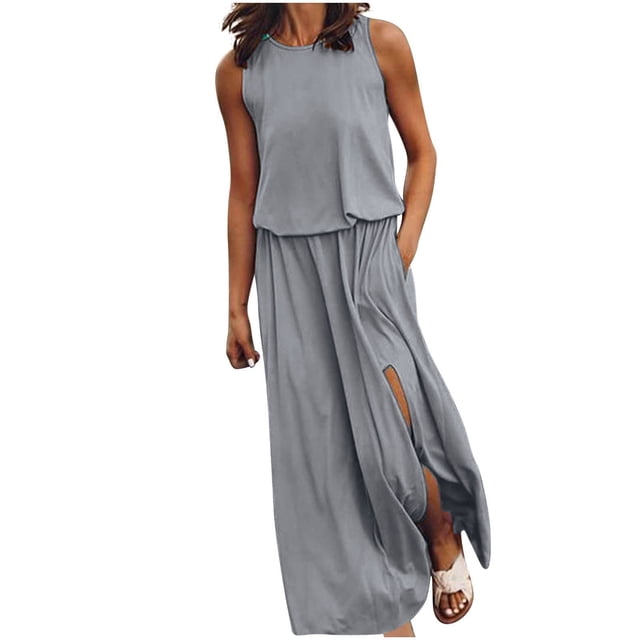Ketyyh-chn99 Robes pour Femmes Robe d'Été Robe Extensible Robe Droite Unie pour Vacances Robe à Enfiler Robe de Plage Gris,2TG