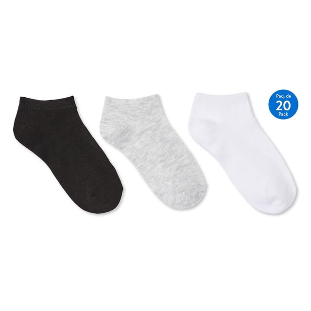 George Girls' Low-Cut Socks 20-Pack with three low-cut socks in black, light gray, and white knit fabric featuring ribbed cuffs for a secure fit, suitable for girls' casual wear and pairing with sneakers.