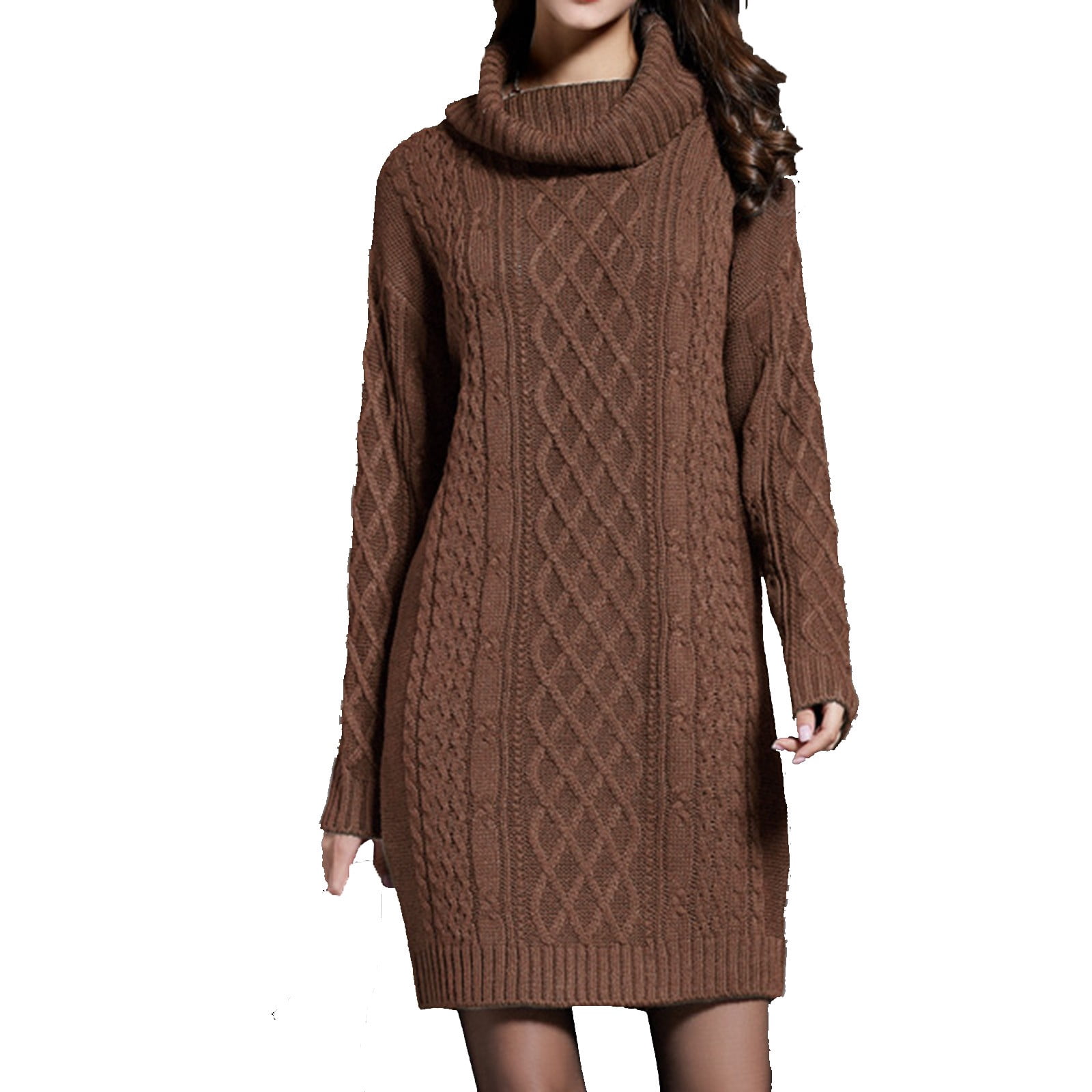 Womens Solid Color High Collar Casual Knit Sweater Dress