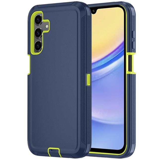 XCRS Samsung Galaxy A35 5G Étui Robuste à Triple Couche avec protection en Bleu Marine et Vert lime. Conçu avec une structure Détachable à Triple Couche, Incluant une Étui Intérieure en polycarbonate Solide et une Housse Extérieure en Caoutchouc Souple, Offrant une protection Antichoc, Antipoussière et Résistante aux Égratignures. Bords Surélevés Protégent l'Appareil Photo et l'Écran, Tandis Qu'une Prise Antipoussière Protège le port de Chargement USB. Facile à Installer et à Retirer, compatible avec Samsung Galaxy A35 5G 6,6” (2024).