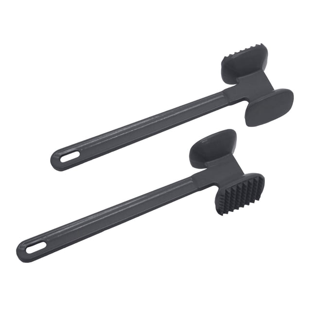 Starfrit Gourmet Meat Tenderizer with two sides: flat for pounding and textured for tenderizing, featuring a comfortable long black handle with hanging hole, dishwasher safe and suitable for preparing tender, evenly cooked meat.