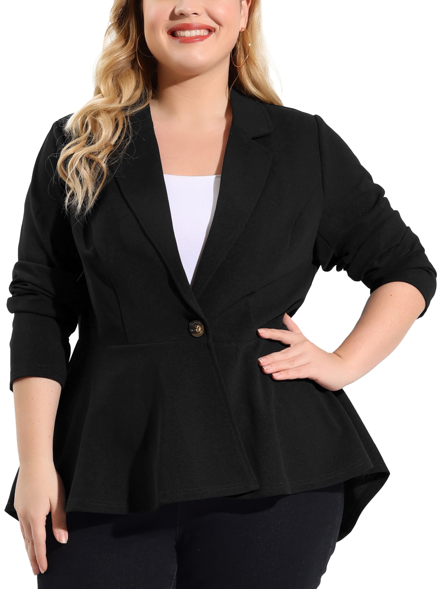Agnes Orinda Women's Plus Size Blazer Button Notch Panel Ruffle Peplum Blazers 5X Black