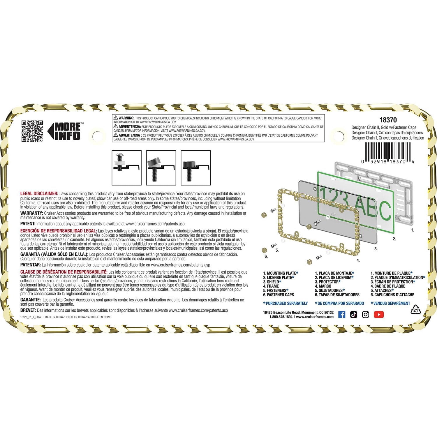 Cruiser Accessories Designer Gold Chain License Plate Frame, with Fastener Caps