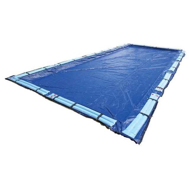 Blue Wave 15-Year Rectangular In-Ground Pool Winter Cover in durable blue polyethylene with 14x14 scrim count, shown flat with integrated loops securing blue water tubes every four feet and reinforced metal corner grommets, designed to protect in-ground pools from winter debris.