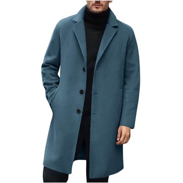 LMKIHUSA Mens Warm Winter Trench Coat Single Breasted Notch Lapel Pea Coat Wool Blend Medium Length Overcoat Classic Business Casual Top Coat Blue,L