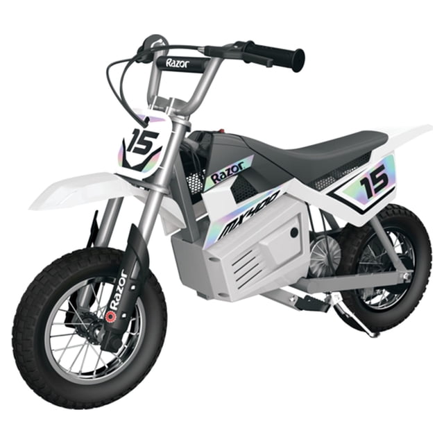 Razor MX400 Dirt Rocket Vélo Électrique Blanc, Conçu pour 8 Ans et Plus avec un Poids Maximal de 140 Livres. Ce Vélo de motocross Électrique Inspiré Supercross Présente un Moteur à Chaîne à Couple Élevé, des Guidon Relevables Ajustables et des Pneus Pneumatiques à Bouton pour les Aventures Tout-Terrain. Il Atteint des Vitesses jusqu'à 14 Mi/h et Offre jusqu'à 30 minutes de Conduite Continue à Haute Vitesse. le Vélo Comprend des Patins Métalliques Pliants, une Béquille Rétractable et une Batterie rechargeable de 24 Volts