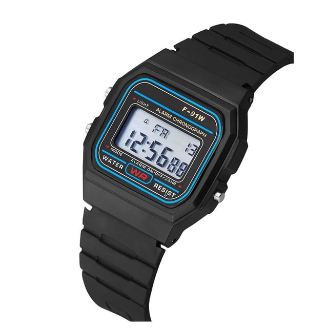 LED Wrist Watch Steel Strap Digital Quartz Wrist Watch for Man Woman with a square dial, electronic movement, and black plastic strap. This sports watch features a digital display with alarm functionality and water resistance, suitable for everyday wear and activities like running or gym workouts.