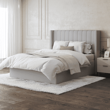 Modern Velvet Queen Size Bed Frame With Hydraulic Storage, Modern Wingback Design, Metal Bed Frame with High Headboard