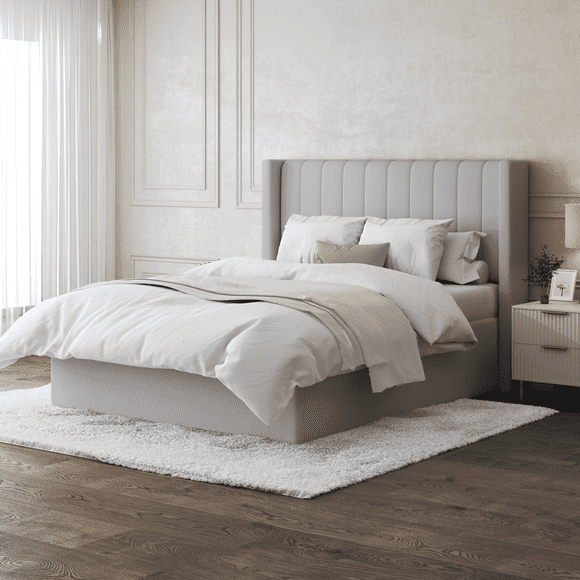Modern Velvet Queen Size Bed Frame With Hydraulic Storage, Modern Wingback Design, Metal Bed Frame with High Headboard