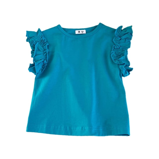 Sunnyoo Girls Ruffle Sleeve Cotton T-Shirt Solid Color Casual Crew Neck T Shirt