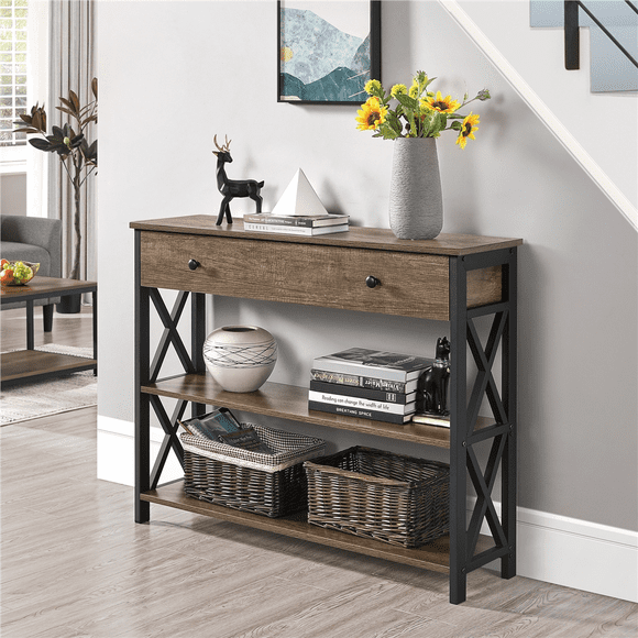 Fullfurnique Vintage Wooden Console Table with 1 Drawer and 2 Open Shelves, Taupe Wood