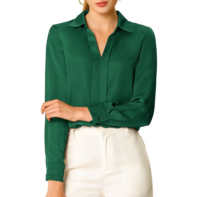 INSPIRE CHIC Blouse Élégante pour Femme, Unie, Col en V, Satin Lisse, Manches Longues