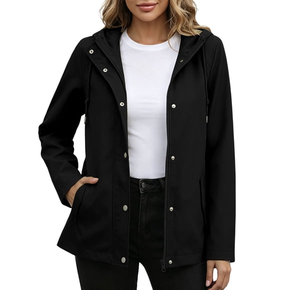 Brnmxoke Hooded Rain Coats Women Summer Waterproof Lightweight Drawstring Zip up Rain Jacket Casual Hiking Outdoor Windbreaker with Pockets Black,S