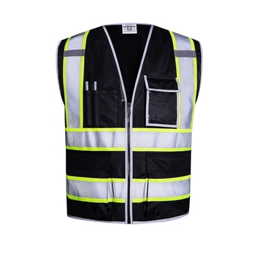 SKSAFETY Gilet de Sécurité à 10 Poches, Sécurité Haute Visibilité Classe 2 avec Fermeture Éclair, Gilet Haute Visibilité avec Bandes Réfléchissantes, Norme ANSI/ISEA, Gilet de Travail de Construction pour Hommes? Femmes?Noir, G?